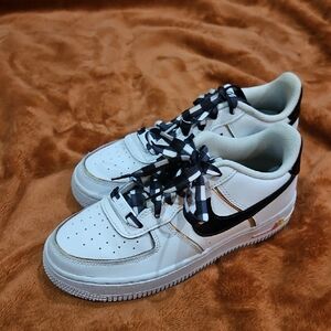 Nike Air Force 1 White and Black Sneakers with Checkered Laces
